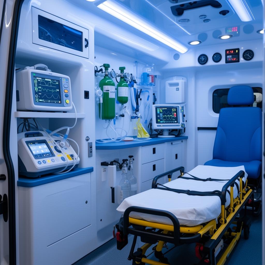 Inside a CareGlobal ALS ambulance — ventilator, monitor and oxygen